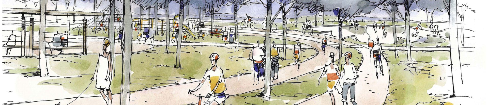 A drawing of people riding bikes in the park - age friendly communities in miami florida